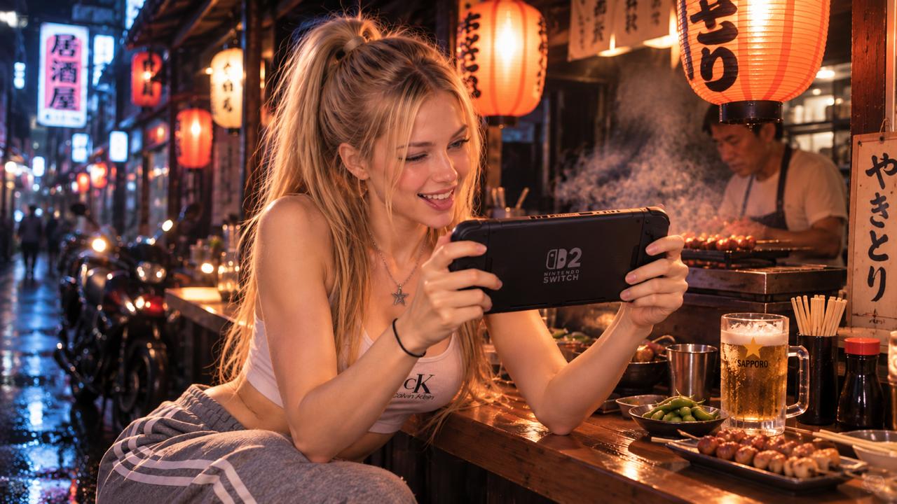 Chơi Switch 2 ngoài quán ăn phố đêm